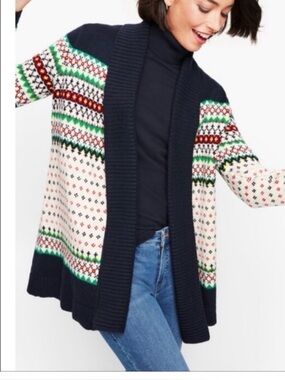 Talbots Navy Multicolor Fair Isle Open Front Shawl Collar Cardigan